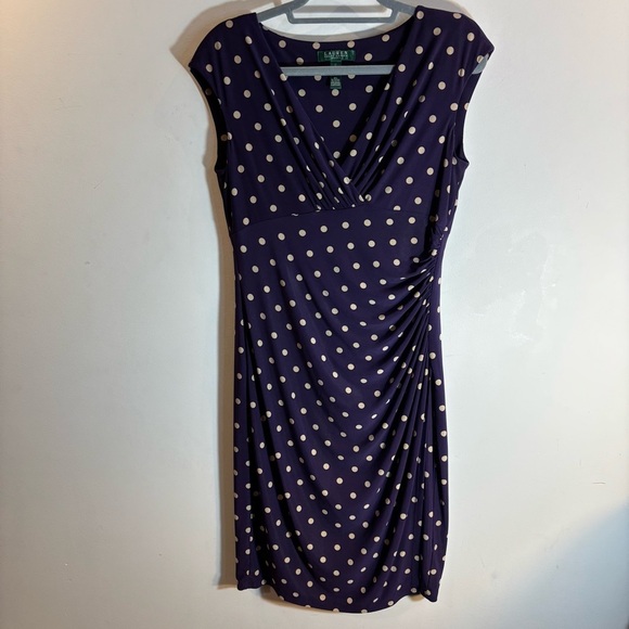 LAUREN RALPH LAUREN Sz 10 Purple Beige Polka Dot Above the Knee Ruched Dress - Picture 2 of 8